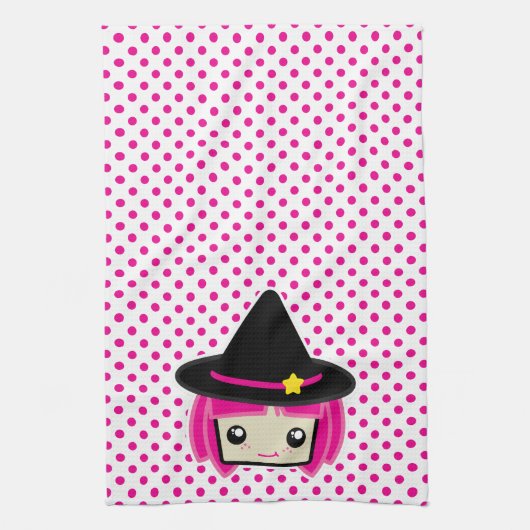 Kawaii rose Haired Witch serviette de cuisine (Vertical)