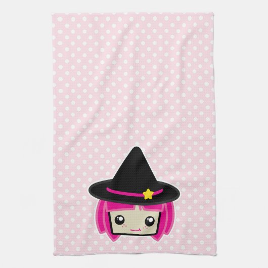 Kawaii rose Haired Witch serviette de cuisine (Vertical)
