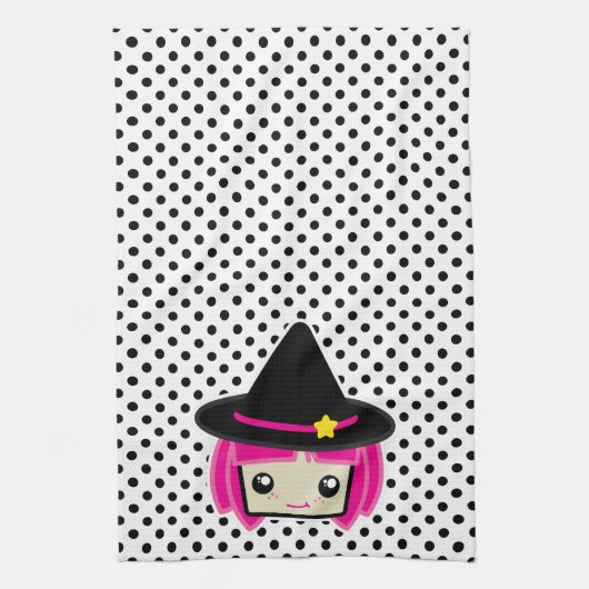 Kawaii rose Haired Witch serviette de cuisine (Vertical)