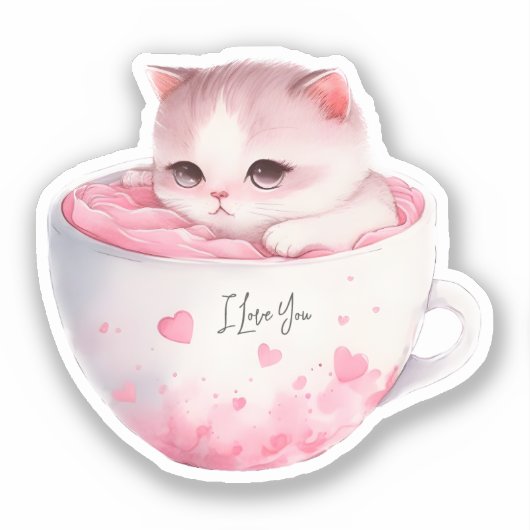 Kawaii Roze Chibi Cat met een teugelkruid Sticker (Voorkant)