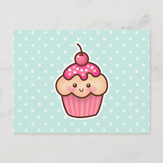 Kawaii Roze Cupcake en Schattigee Mint Blauwe Polk Briefkaart (Voorkant)