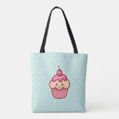 Kawaii Roze Cupcake en Schattigee Mint Blauwe Polk Tote Bag (Achterkant)
