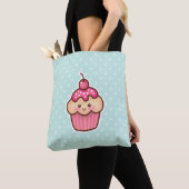 Kawaii Roze Cupcake en Schattigee Mint Blauwe Polk Tote Bag (Dichtbij)
