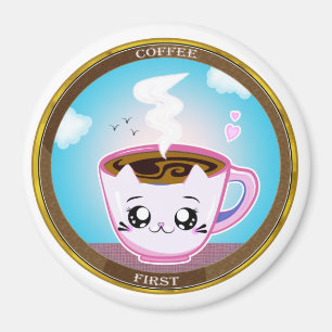 Kawaii roze kattenbeker van koffie. Koffie eerst Magneet