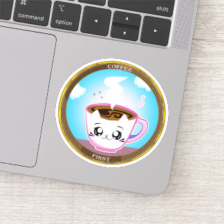 Kawaii roze kattenbeker van koffie. Koffie eerst Sticker