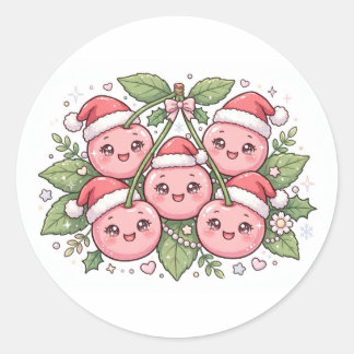 Kawaii Roze Kersen Santa Mutsen Kerststicker Ronde Sticker