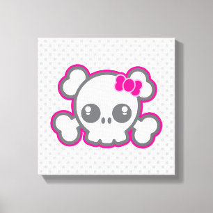 Kawaii Roze Ribbon Skull Wrapped Canvas Afdruk
