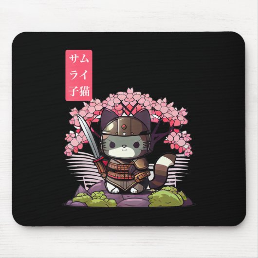Kawaii Samurai Kitten met Cherry Blossom Japans Muismat (Voorkant)