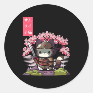 Kawaii Samurai Kitten met Cherry Blossom Japans Ronde Sticker
