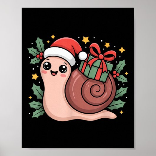 Kawaii Santa Snail With Wrapped Box And Holly Star Poster (Voorkant)