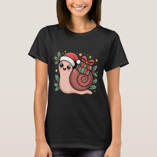 Kawaii Santa Snail With Wrapped Box And Holly Star T-shirt (Voorkant)