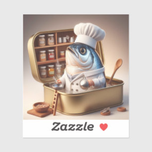Kawaii Sardine Chef in een Mini Keuken Sticker