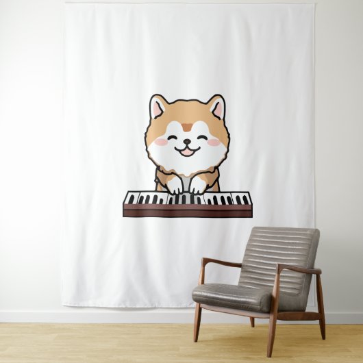 Kawaii Schattige Dog Playing Piano Keyboard Wandkleed (In situ)