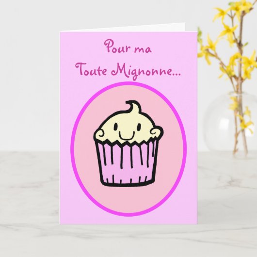 Kawaii Schattigee Cupcake Franse Verjaardag Kaart (Gele Bloem)
