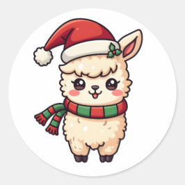 Kawaii Schattigee kerstlama met kerstmuts Ronde Sticker