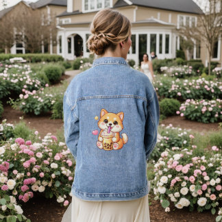 Kawaii Shiba Inu Drinking Bubble Tea Unisex Denim Jacket