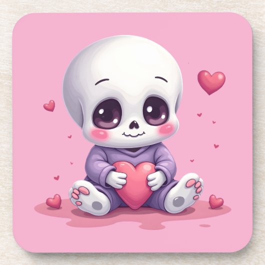 Kawaii Skeleton Holding Heart Bier Onderzetter (Voorkant)