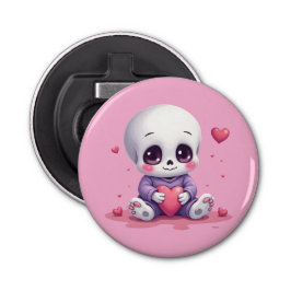Kawaii Skeleton Holding Heart Button Flesopener