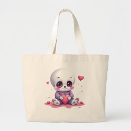 Kawaii Skeleton Holding Heart Grote Tote Bag