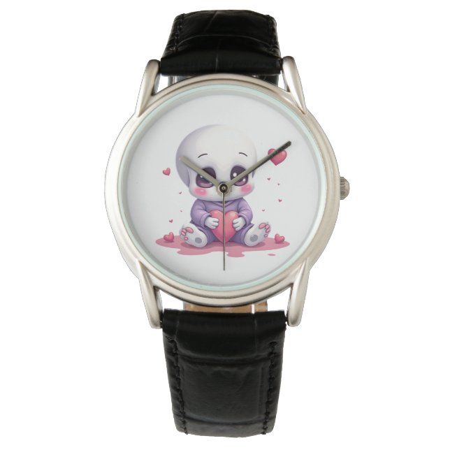Kawaii Skeleton Holding Heart Horloge (Voorkant)