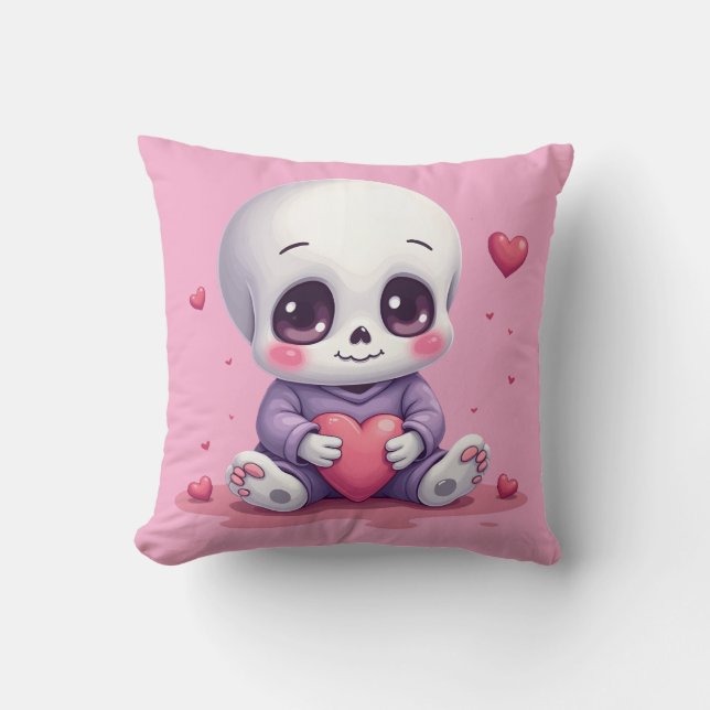 Kawaii Skeleton Holding Heart Kussen (Voorkant)