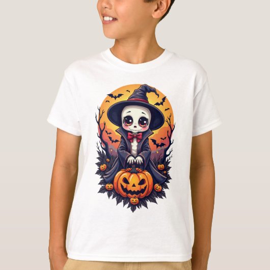 Kawaii Skeleton Witch met pompoen T-shirt (Voorkant)