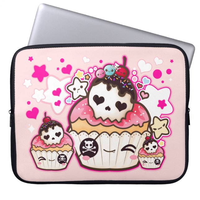 Kawaii skull cupcake met sterren en hart laptop sleeve (Voorkant)
