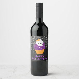 Kawaii spookachtige Halloween cupcake Wijn Etiket