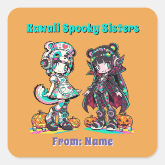 Kawaii Spooky Sisters Anime Chibi Orange Halloween Vierkante Sticker