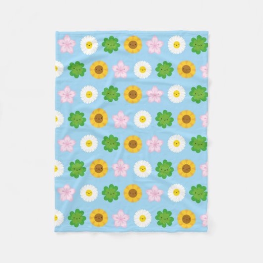 Kawaii Spring Flowers (Blauw) Fleece Deken (Voorkant)