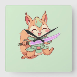Kawaii Squirrel Samurai. Vierkante Klok