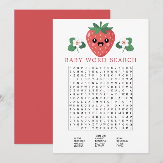 Kawaii Strawberry Baby Shower Word Search Game Kaart (Voorkant / Achterkant)
