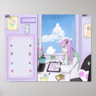 Kawaii Strawberry Girl Drawing Digital Art Poster