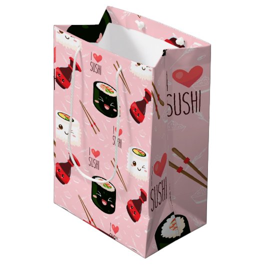 Kawaii Sushi Pattern Light Roze Medium Cadeauzakje (Voorkant Gekanteld)
