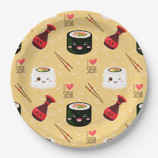 Kawaii Sushi Pattern Light Yellow Papieren Bordje (Voorkant)
