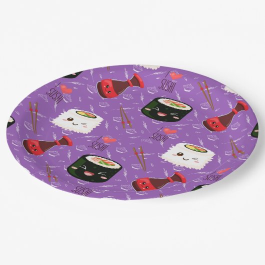 Kawaii Sushi Pattern Paars Papieren Bordje (Gekanteld)
