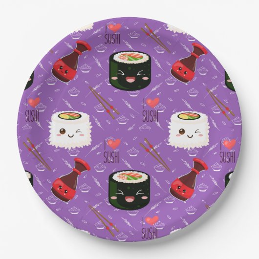 Kawaii Sushi Pattern Paars Papieren Bordje (Voorkant)
