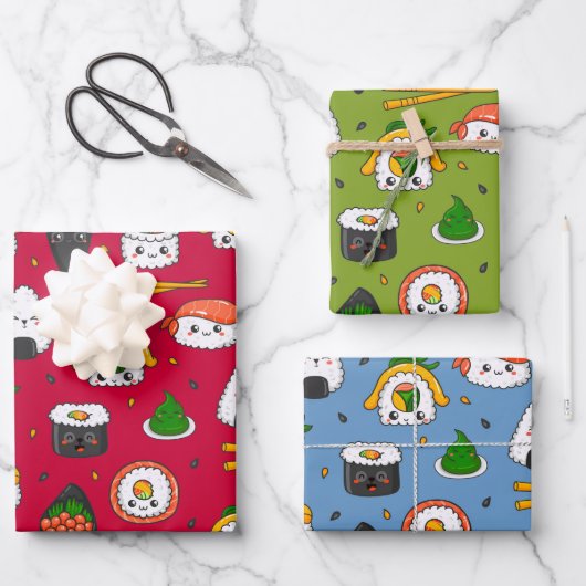Kawaii Sushi Wrapping Papier ensemble de 3 (Recto)