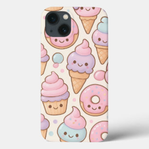 Kawaii Sweet Treats Pattern - Glimlachende cupcake iPhone 13 Hoesje