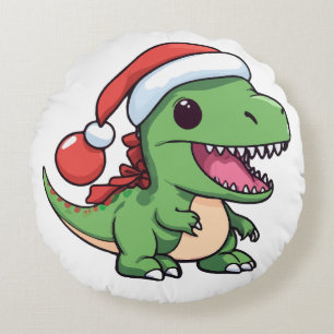 Kawaii T-Rex Dinosaur in Kerstmuts Rond Kussen