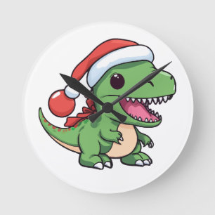 Kawaii T-Rex Dinosaur in Kerstmuts Ronde Klok