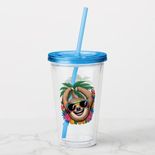 Kawaii Tropical Sloth – Cute Summer Vibes Rainbow  Acryl Drinkbeker (Achterkant)