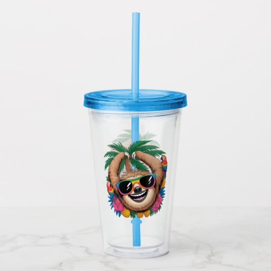 Kawaii Tropical Sloth – Cute Summer Vibes Rainbow  Acryl Drinkbeker (Voorkant)