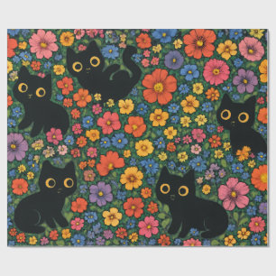 Kawaii Tuin Kunst – Cute Zwarte Kat Bloem Motief Cadeaupapier