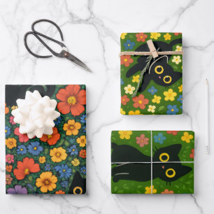 Kawaii Tuin Kunst – Mooie Zwarte Kat Bloempatroon Inpakpapier Vel