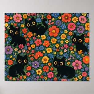 Kawaii Tuin Kunst Schattige Zwarte Kat Bloem Mot Poster