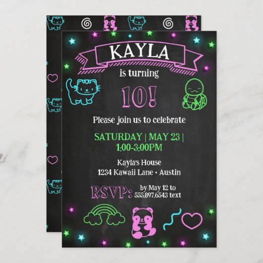 Kawaii Verjaardag Krijtbord Neon Party Uitnodiging (Voorkant / Achterkant)