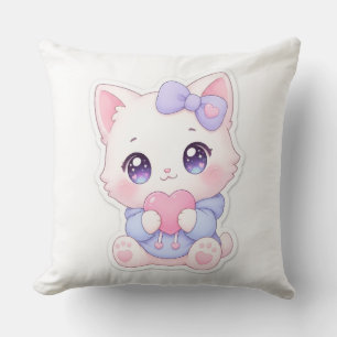 Kawaii Witte Kittenschoot & Paarse Strik Kussen