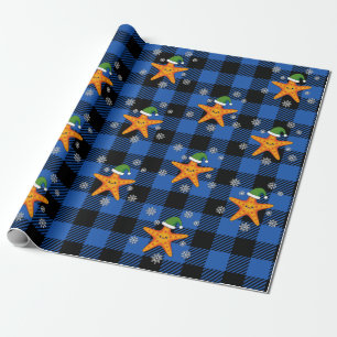 Kawaii Xmas Zeester op Blauw Buffel Patroon Cadeaupapier