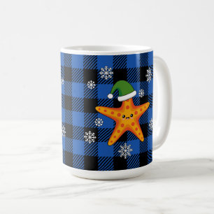 Kawaii Xmas Zeester op Blauw Buffel Patroon Koffiemok